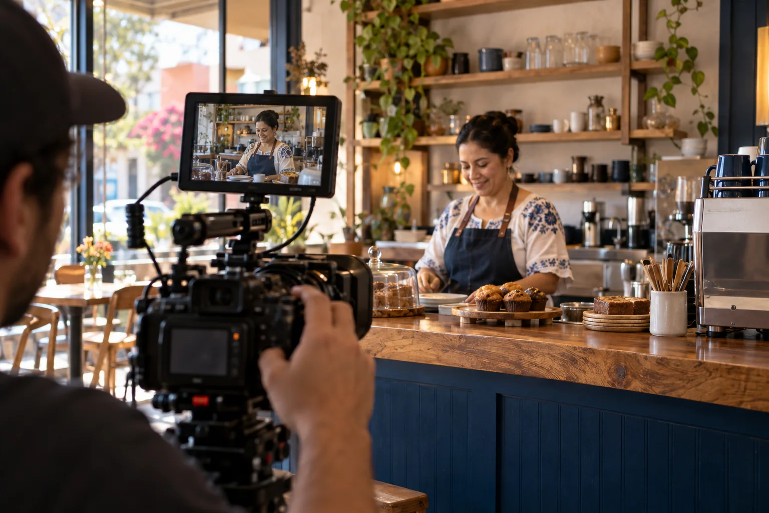 Escena ilustrativa de una producción de video en un café local